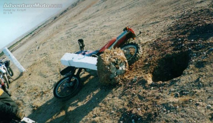 Concrete Pole 1 : KTM 0 - Didn't see the straining wires that had been added to 
the concrete posts hit them @ 80km's an hour, got turned
and rammed into the concrete post. Body armour did its thing
bikes messed but I walked away!