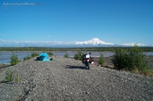 Campsite on the Copper River, Alaska. Mt. Sanford in the foreground.