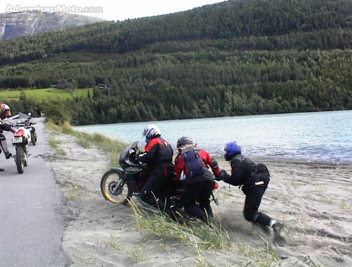 Just a little push! - Stuck in the sand, had to get some help to reach the Tarmac. Still, it was fun!
(Photographer: Magne Vingsand)