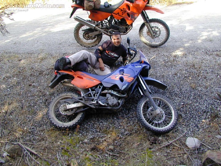 Dimitris on Georges KTM - Fixing a little problem near Mornos Lake